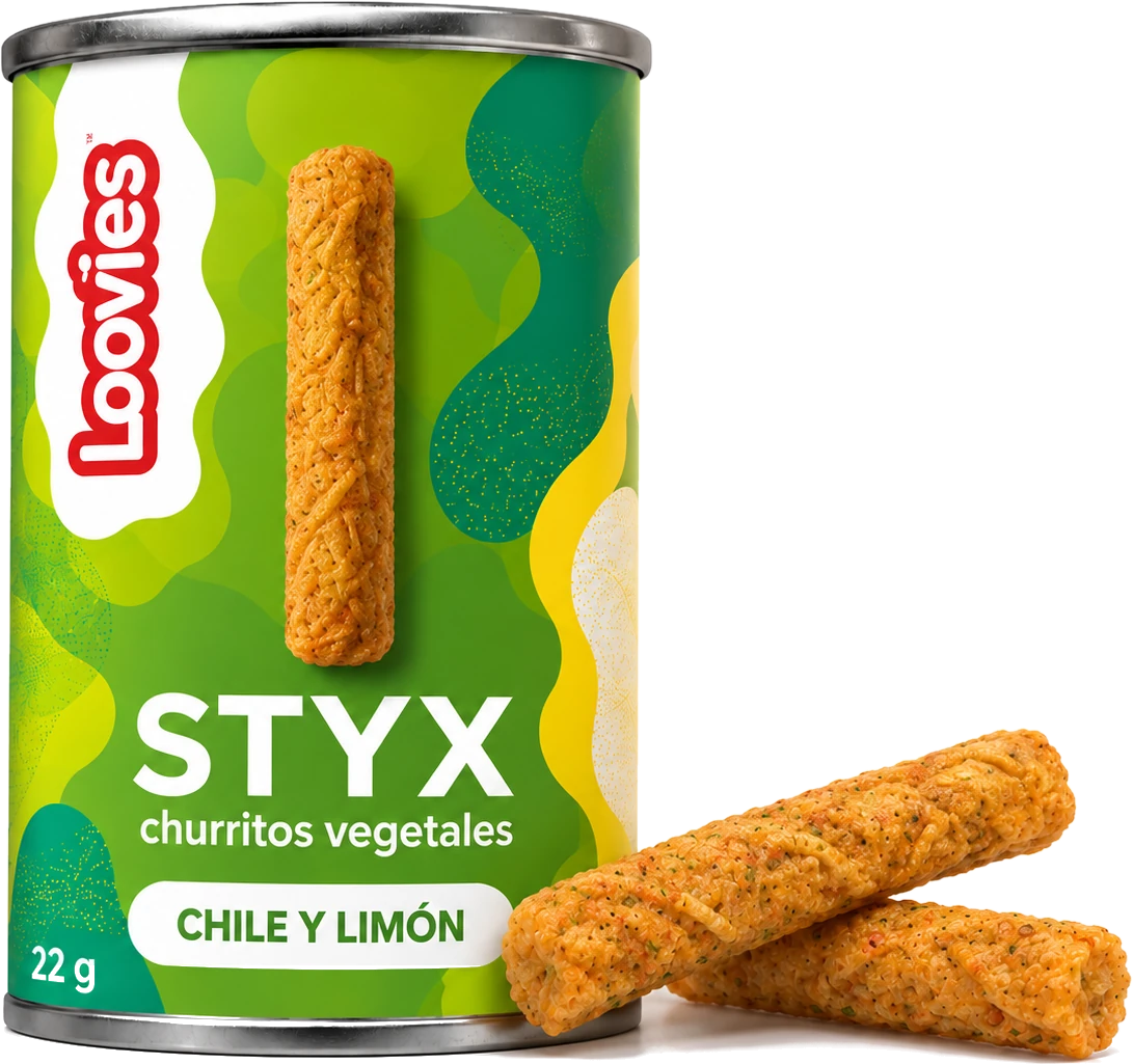 Loovies Styx chile and lime can with two vegetable sticks, 22g
